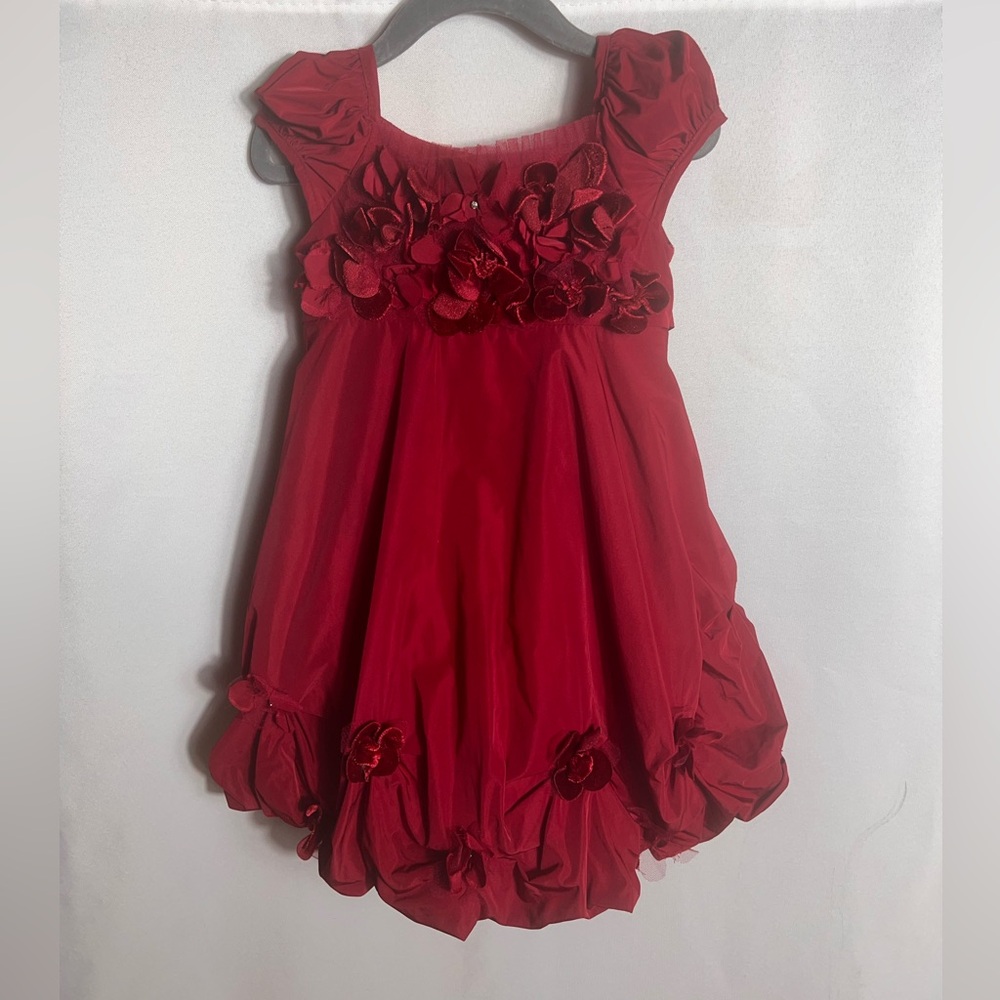 Biscotti Collezioni Girls 3T Red Holiday Party Dress Floral Appliqué Bubble Hem